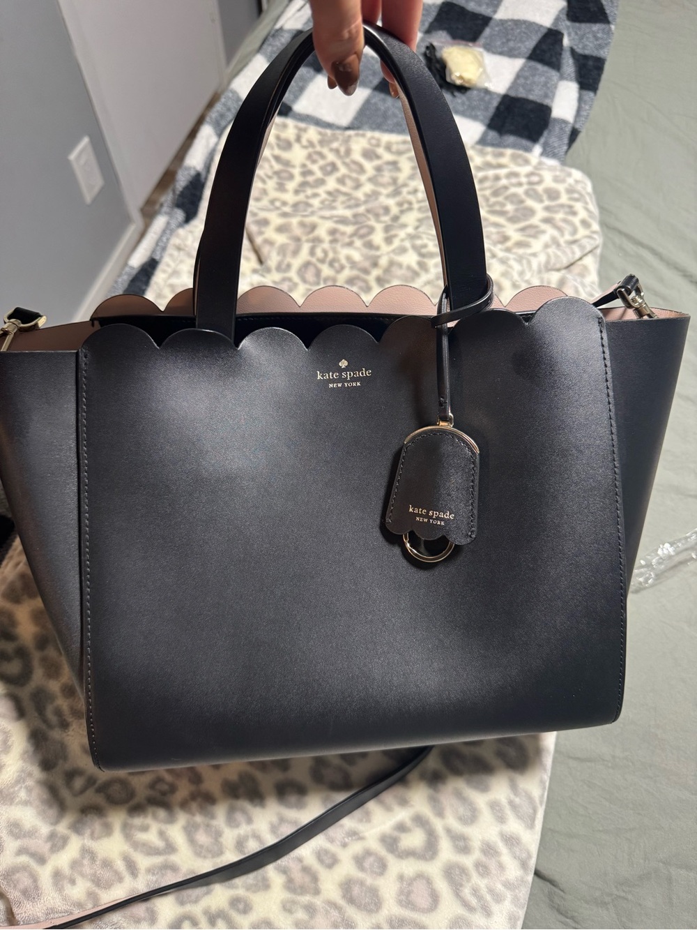 kate spade Black Scallop-Trim Satchel with Blush Interior